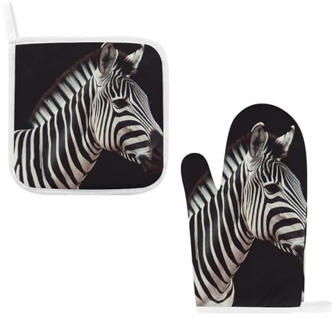 Animal Zebra Oven Mitts and Pot Holders Set Heat Resistant Kitchen Oven Glove Insulated Potholders with Hanging Loop Non-Slip Cooking Gloves for Baking Grilling