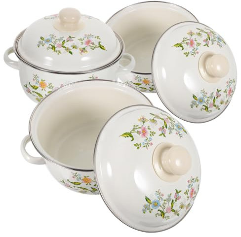 HOLIDYOYO 3pcs Enamel Mini Soup Pot Set Double Ear Handles Vintage Cooking Pot for Instant Noodles for Home Kitchen 16-18-20cm Sizes
