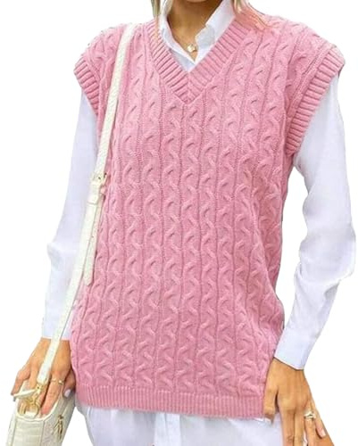 PureLayne® Jersey de punto trenzado grueso sin mangas para mujer, chaleco con cuello en V, camiseta sin mangas para invierno, talla grande 8-22, rosa, 48-50