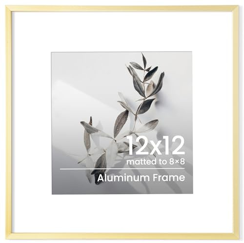 Feihorrm 12x12 Photo Frame, Aluminum Gold Square Picture Frame W/ 8x8in Mat | 30x30cm Poster Frame with Tempered Real Glass, Square 12x12 inch Prints Frames for Tabletop Decor or Wall Displays