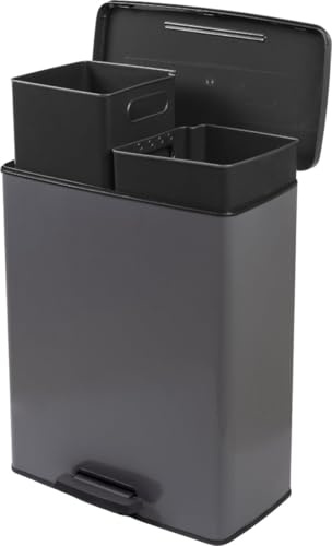Curver Decobin Duo Tretmülleimer, 52L Gesamtvolumen, Grau – mit Mülltrennung und 2 herausnehmbaren 26L Eimern