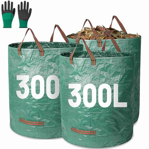 Garden Waste Bags 3Pcs 300L Large Garden Sacks with Handles Heavy Duty Reusable Rubbish Gardening Leaf Bags with Gloves Foldable Camping Recycling Bag for Collecting Grass Leaves Trash Debris