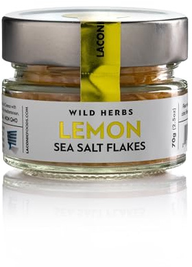 Laconic Foods Lemon Sea Salt Flakes | Aegean Pyramid Salt with Turmeric & Citrus Zest | Gourmet Finishing Salt | 70g Glass Jar | Made in Greece
