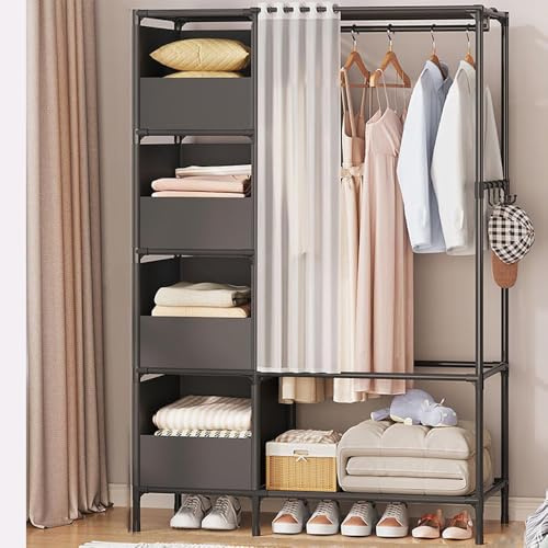 LONENESSL Heavy Duty Clothes Rail, Simple Wardrobe with Door Curtains, Metal Rack With Hanging Clothing Rail, Shoe Rack, Storage Shelves, 4 Coat Hooks, Stacking Area, for Bedroom Office Shop (BLACK)