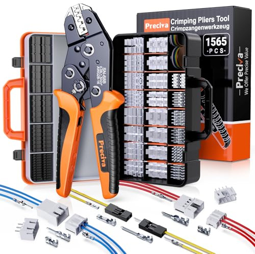 Preciva Crimpzange Set mit Aufbewahrungskoffer - 1565 tlg 29 Arten 0,08-1,5mm² 2,5mm-2,54mm Stecker Set, JST-PH Stecker, KF2510, Dupont, JST, ATX, SATA für Heimwerker und industrieller Bedarf