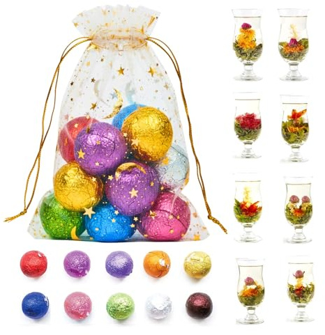 10 Assorted Blooming Flower Tea Balls Gift Set| Handmade Herbal Flowering Tea Balls Variety Individual Packing| Blooming Green Teas with Flowers for Teas Lovers, Anniversary, Valentine, Birthday (Star & Moon Bag)
