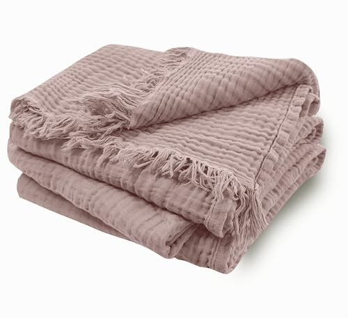 DerF HOME Muslin Decke Fleischrosa 150×200 cm – 4-lagige Baumwoll Decke mit Fransen, Muslindecke weich & waschbar bis 60 °C für Sofa, Bett & Alltag
