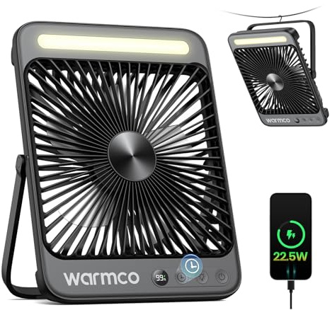 Warmco D4 Pro Camping Ventilator 20000mAh, 18W Laden, 22,5W Ausgang | 48 Std. Laufzeit, 8H Timer, LED-Licht & Haken, Leiser Ultraflacher Ventilator Für Zelt, Schlafzimmer, Wohnmobil