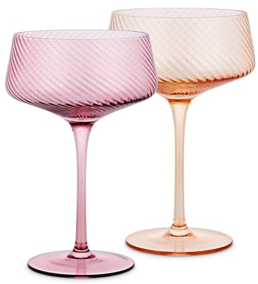 EST 2012 UBERSTAR BARWARE & GIFTS Coloured Vintage Style Ribbed Champagne Coupe Cocktail Glasses Set of 2 (Pink/Peach)