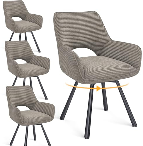 WAFTING Esszimmerstühle 4er Set Drehbar 360°,Armlehnstuhl,Küchenstuhl,Taupe | Metallbeinen,Cord Stoff,Küchenstühle,Wohnzimmerstuhl,Polsterstuhl mit Samt,Esszimmer,Restaurant,Schlafzimmer,Konferenzraum