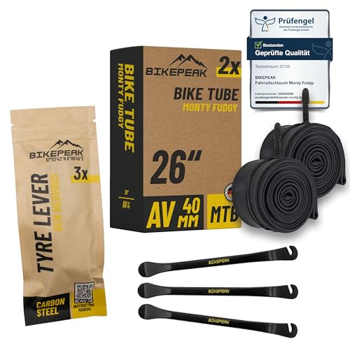 BikePeak 2X Fahrradschlauch MTB 26 Zoll mit schwarzem Autoventil 40mm - Schlauch AV Schrader Ventil, ETRTO 40/62-559, 650B - 2er Set Schläuche Monty Fudgy + 3X BikePeak Reifenheber