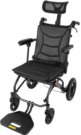 Silla de ruedas plegable para personas mayores, silla de ruedas ligera con respaldo ajustable (90° – 175°) y reposacabezas, soporta hasta 130 kg, cinturón de seguridad, ideal para viajes y uso diario