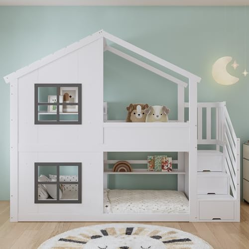 RIAZOS Kinderbett 90 x 200 mit Stauraumtreppe, Etagenbett für 2 Kinder, Hausbett mit Fenster und Dach, Funktionsbett mit Regal, Holzbett mit Lattenrost, Weiß, ohne Matratze