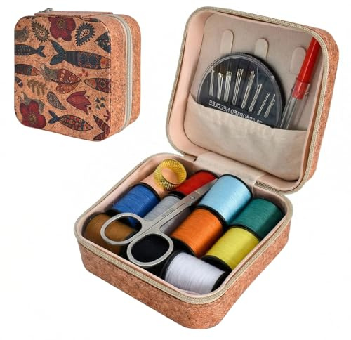 Accesorios de Costura Portátil, Kit de Costura Completo Retro, Mini Kit de Costura de Piel Sintética, Juego de Aguja e Hilo con 28 Accesorios de Costura, para Adultos, Principiantes, Viajes (Pescado)