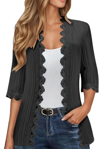 Cardigan da donna leggero a 3/4, con maniche a 3/4, elegante, tinta unita, sottile, frontale, aperto, casual, comodo, per autunno, per le mezze stagioni, cardigan estivo