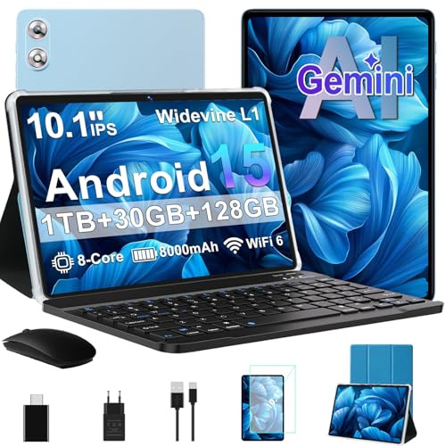 fezawio Tablet 10.1 Pulgadas Android 15 Octa-Core 2.0 GHz｜30GB RAM + 128GB ROM（TF 1TB ）｜8000mAh｜5G WiFi 6｜ BT 5.0｜Cámara Dual｜GMS Certificación｜ Widevine L1｜5MP+8MP｜con Teclado y Ratón,Azul