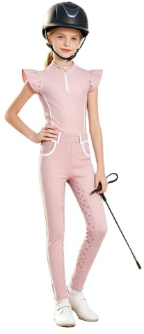 TTAO Ridkläder, flicka, ridskjorta med ridbyxor, set, ridleggings, sport, t-shirt, rosa, 170