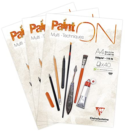 Clairefontaine 96537AMZC - Set mit 3 PaintOn Blöcken (250g, 100% extra weißes Zellulosepapier mit leichter Körnung, 21 x 29,7 cm, geleimt, 40 Blätter, ideal für Multitechniken) 3 Stück, Extraweiß