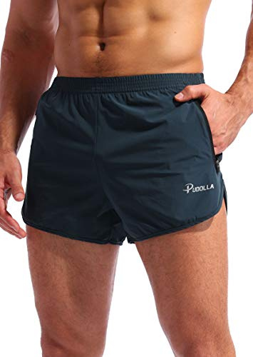 Pudolla Men's 3 Running Shorts with Zipper Pockets(Navy Blue M)