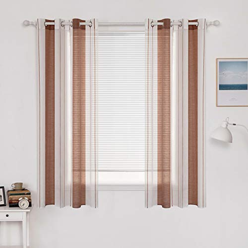 MIULEE Voile Gardinen Braun-Weiß Kurz mit Ösen 2er Set 140x160 cm | Halbtransparenter Voile mit Streifenmuster für Wohnzimmer, Schlafzimmer und kleine Fenster.