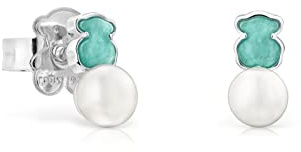 TOUS Pendientes de Plata de Primera Ley para Mujer con Cierre a Presión y Motivo de 1.05cm en Amazonita y Perla, Versátil y Combinable, Colección Mini Color