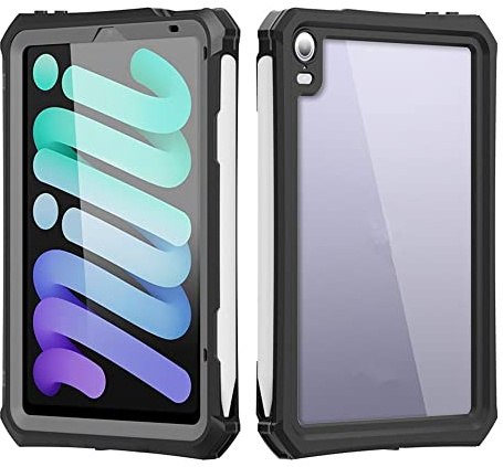 wasserdichte Hülle für iPad Mini 7 2024/iPad Mini 6 2021 8.3 Zoll, Outdoor Ultradünn Full Sealed IP68 Underwater Klare Rückseite Abdeckung Dual Layer Stoßfest Staubdicht Ganzkörper Hülle (Schwarz)