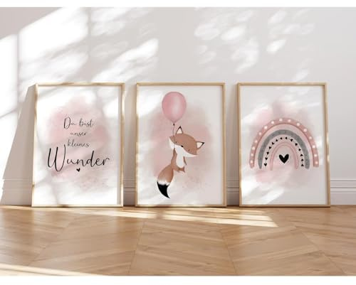 MeinBaby123® Bilder Kinderzimmer | 3er Set DIN A4 | Wandbilder | Poster | Mädchen und Jungen | Babyzimmer Deko | Wandposter Premium (Fuchs & Luftballon rosa)