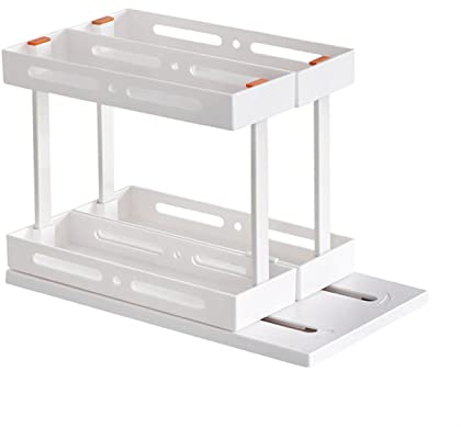 2 Tier Rotating Spice Rack, Pull Out Kitchen Storage for Inside Cupboard, Plastic Corner Sliding Drawer Seasoning Spice Jar Salt Bottle Box Holder Shelf Counter, White
