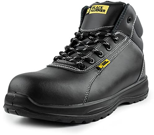 Black Hammer Mens Leather Safety Boots S3 SRC Composite Toe Cap Kevlar Non Metallic Metal Free lightweight Work Shoes Ankle Hiker 1500 (9 UK)