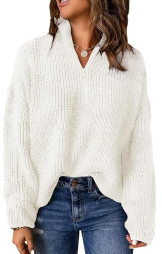 Dokotoo Long Sleeve Sweater for Women Fall Outfits Business Casual Vintage Cable Knit Crop Tops Quarter Zip Stand Collar Thick Sweaters Oversized White Pullover Sweaters Small
