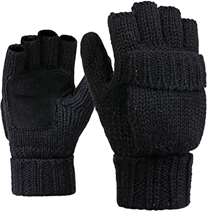 Momolaa Gants tricotés en Laine Demi-Doigt Flip Hommes et Femmes Hiver Version coréenne de Laine et Cuir épaissi Gants Chauds d'équitation Batterie Cuisine Qualité (Black, A)
