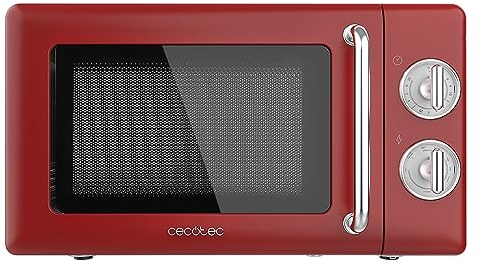 Cecotec Microondas Mecánico con Grill de 20 L Proclean 3110 Retro Red. 700 W en 6 Niveles, Temporizador hasta 30 Minutos, Modo Descongelación, Diseño Vintage en Rojo, Acabados en Acero