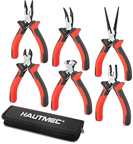 HAUTMEC 6PCS Mini Pliers Set High Leverage Multi Small Pliers Tool Set with Small Needle Nose Pliers Set, Linesman, Long Nose, Bent Nose, Diagonal Cutters, End Cutting Plier for Jewelry and Electronic