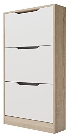 Duérmete Online - Skoskåp med 3 dörrar, smal, Ayen-modell, Cambria och vit färgfinish, mått: 107 cm (H) x 60 cm (B) x 17,3 cm (våg) praktiskt och funktionellt