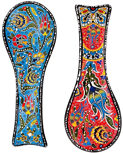 Ceramic Spoon Rest for Stove Top & Kitchen Counter, 9 Hand-Painted (2 PCS) | Easy to Clean & Dishwasher Safe | Heat Resistant | Stain & Odor Resistant | Vibrant Colors | Glossy Glazed Finish | Gift Box