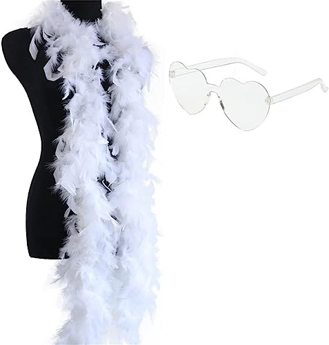 SpirWoRchlan Bunte Federboa, 2 m Federboa für Damen, für Tanzen, Hochzeit, Party, Cosplay, Halloween, Junggesellinnenabschied, Kostümzubehör, mit Herz, randlose Sonnenbrille, Weiß