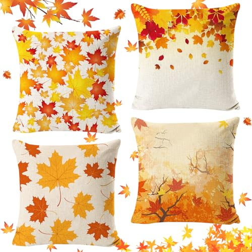 KOIROI 4 fundas de cojín decorativas, decoración otoñal, 45 x 45 cm, decoración de Acción de Gracias, otoño, hoja de arce de lino, cojines para sofá para oficina o dormitorio