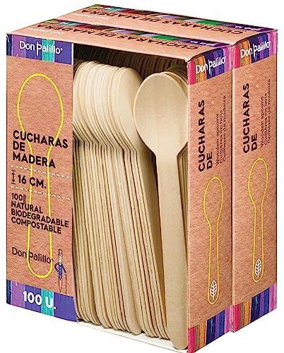 DON PALILLO - Juego de 200 Cucharas Desechables de Madera, 16 cm. 100% Natural, Ecológico, Biodegradable