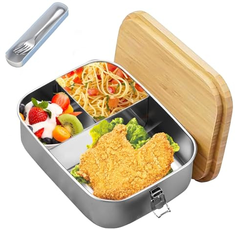 1200ml Brotdose mit Holzdeckel, Brotdose Edelstahl Holzdeckel Lunchbox Luftdicht Bambus Brotdose mit Fächern Bambus Bento Box für Kinder und Erwachsene Vesperbox, Ausgestattet mit Einem Geschirrset