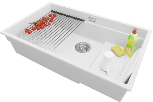 PRIMAGRAN Fregadero bajo Encimera al Mueble 80cm + Kit de desagüe, 76x47cm | Set: Kit de desagüe + Enrollable Escurridor + Prague Step Level 1 Seno para Cocina, Blanco
