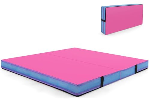 Goplus Folding Gymnastic Mat, 4ft x 4ft x 4in Thicked Bi-Fold Fitness Mat with Carrying Handles & PU Leather Cover, Home Gym Exercise Mat for Stretching, Pilates, Aerobics Workouts (Rose&Blue)