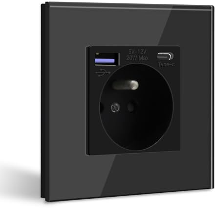 BSEED Prise Murale avec USB C PD20W Noir,Prise de courant à Encastrer,16A Prise de Courant Alternatif avec Panneau en Verre,Chargeur Rapide Multiprises avec 1 USB-C 20W, Idéal pour Maison,Bureau