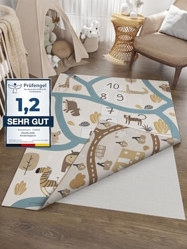 pourlea® Spielteppich beidseitig bespielbar | Oeko Tex Kinderteppich inkl. Antirutschmatte | Teppich Kinderzimmer 140 x 200 cm | Wendbarer Safari & Autoteppich | Straßenteppich zum Spielen & Lernen