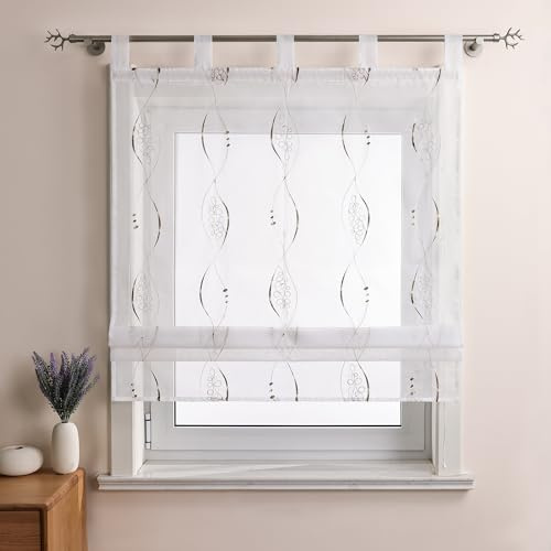 Joyswahl Voile Raffrollo mit Schlaufen Weiß Raffgardinen Wohnzimmer Fenster Vorhänge Bestickt Bändchenrollo »Amelie« Transparent Modern BxH 120x140cm Braun 1er Pack