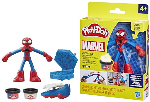 Play-Doh Spiderman Thwip Squisher, 2 Dosen Modelliermasse, Bastelset mit 10 cm große Actionfigur und Stempelformen, Superhelden-Figur mit Abzeichen, kreatives für Kinder ab 3 Jahren