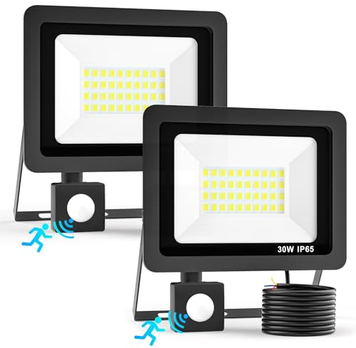 Realky 30W Led Strahler mit Bewegungsmelder Außen 2 Stücke, 3000LM Außenstrahler 6500K Kaltweiß Scheinwerfer LED Fluter IP65 Wasserdichter Aussenlampe mit Bewegungsmelder für Garten, Innenhöfe, Garage