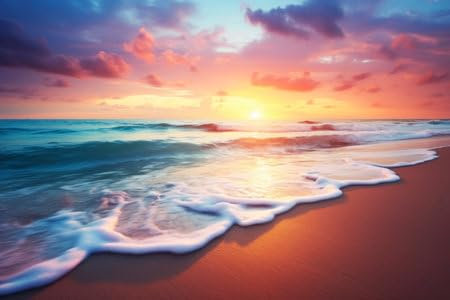 Holz-Bild 60 x 40 cm: Sonnenuntergang in den Wellen des Meeres am Strand. Generative KI. hochwertige Illustration (212772990)