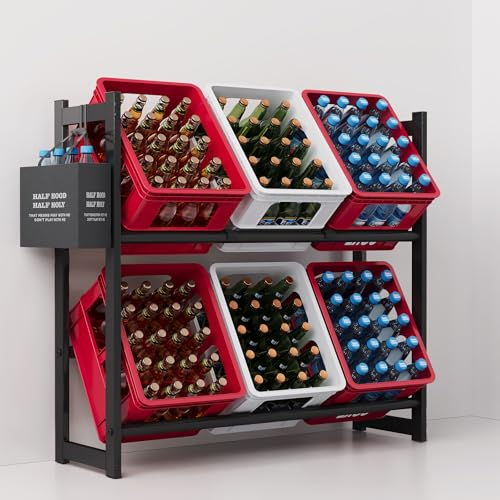 MIXXIDEA Getränkekistenregal 6 Kisten, Getränkeregal mit 4 Haken & Sixpack-Halter, stabil Getränkekistenhalter aus Metall, Kistenregal Bierkistenregal Kistenständer, 28 x 104 x 90.6 cm, Schwarz