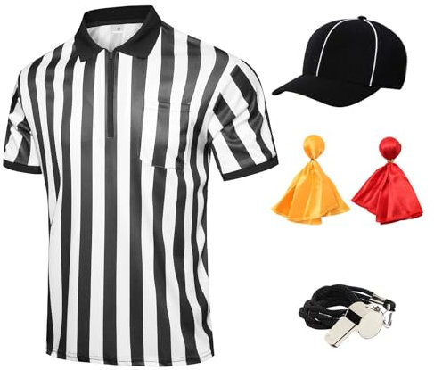 5 Pcs Men's Referee Costume Kit White and Black Stripe Referee Shirt Womens Official Referee Hat Stainless Whistle Yellow Red Penaltys Flag for Football Soccer Halloween M