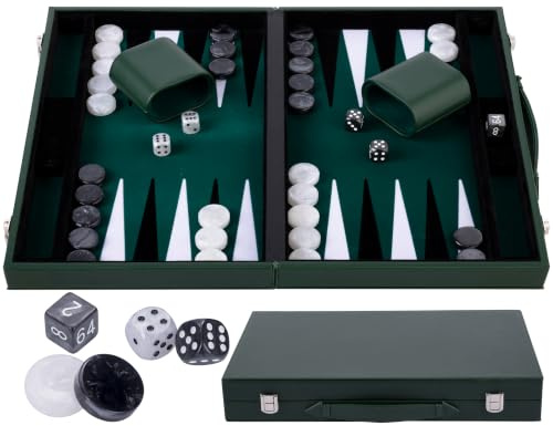 Engelhart - 250529 - Deluxe Backgammon 15 inch - Eingelegtes Backgammon-Set aus Filz - Perlensteine und Würfel - grün/schwarz/weiß